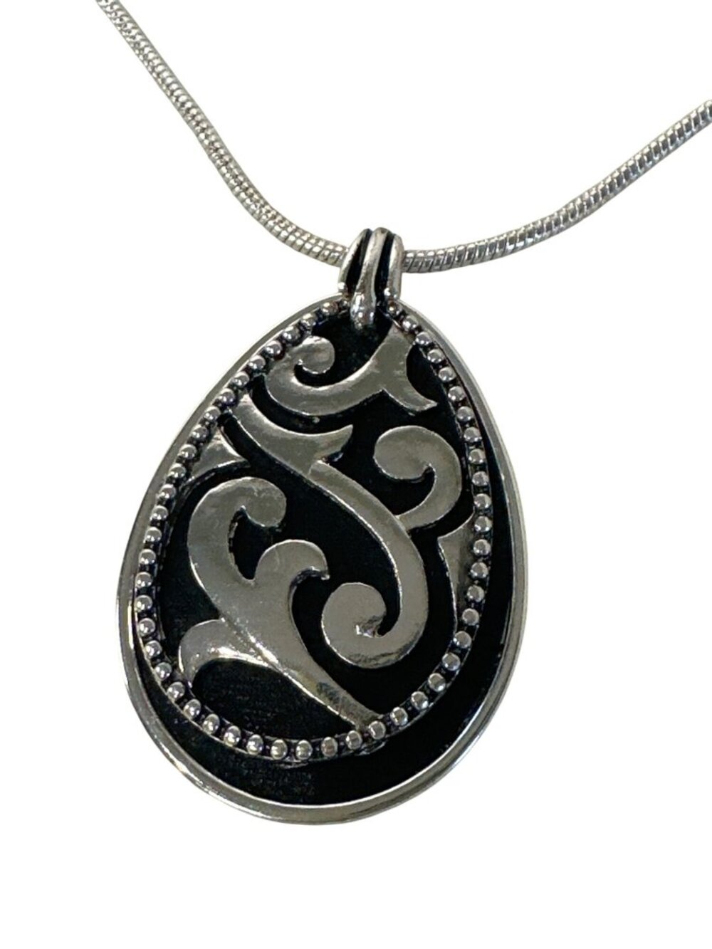Napier Necklace Silver-Tone Scroll Design Pendant Black Enamel Teardrop Pendant